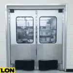 Double aluminum-clad PE-620ALC kitchen swinging doors with vision panels for restaurant food prep areas and high-traffic kitchens