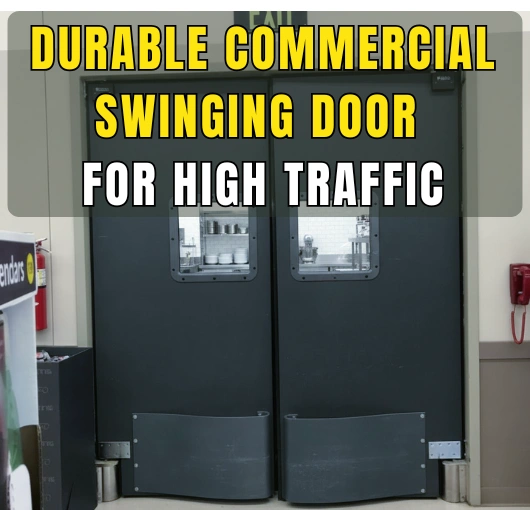 Durable commercial swinging doors for high-traffic environments with reinforced panels and kick plates for long-lasting performance