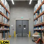 Gray industrial double doors by Paylon providing durable access between warehouse storage zones