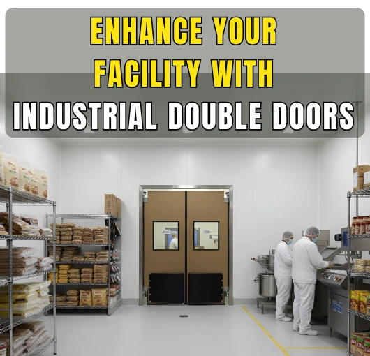 Industrial double doors installed in a food processing facility by Paylon for sanitary and efficient workflow