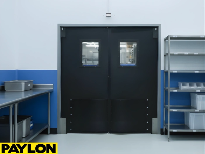 Industrial impact doors in cleanroom with blue and white interior