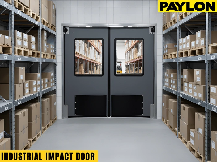 Industrial impact doors installed in warehouse storage area