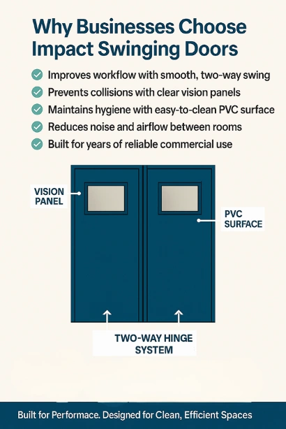 Infographic of blue Impact Swinging Doors showing vision panel, PVC surface, hinge system, and key benefits for hygiene and efficiency.
