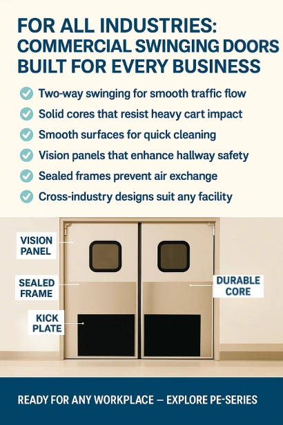 Infographic showing PE-Series commercial swinging doors with labeled features like vision panel, sealed frame, durable core, and kick plate for impact protection