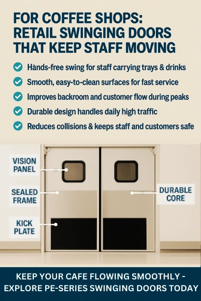 Infographic showing coffee shop retail swinging door features hands-free swing, vision panel, durable core, and kick plate