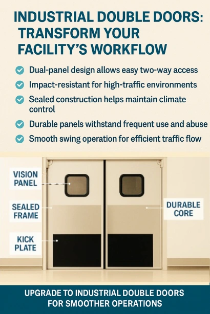 Infographic showing industrial double doors with labeled parts, vision panel, sealed frame, kick plate, and durable core, highlighting key benefits like smooth traffic flow, impact resistance, and low maintenance