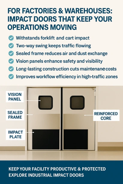 Infographic showing industrial impact doors for factories and warehouses, highlighting key features like reinforced core, sealed frame, vision panel, and impact plate