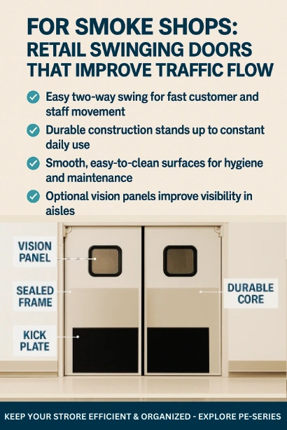 “Infographic showing retail swinging door features for smoke shops vision panel, sealed frame, durable core, and kick plate.”