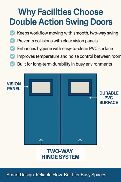 Infographic showing the benefits and labeled features of Double Action Swing Doors, including vision panels, durable PVC surface, and two-way hinge system