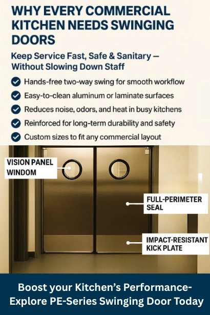 Infographic showing why every commercial kitchen needs swinging doors, highlighting features like hands-free two-way swing, easy cleaning, and durable PE-Series design