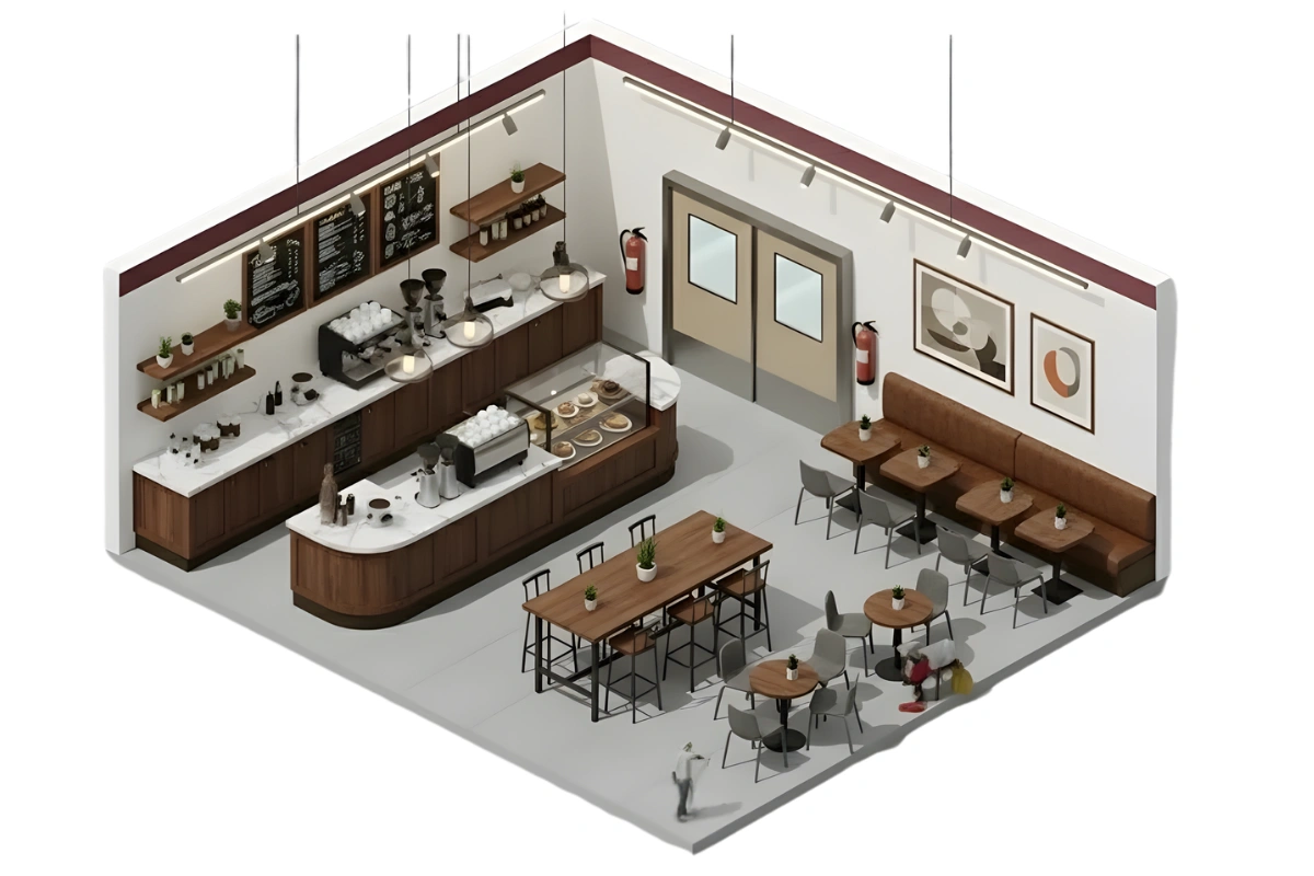 “Isometric view of a coffee shop interior showing retail swinging doors, counter, seating area, and organized layout for staff and customers.”