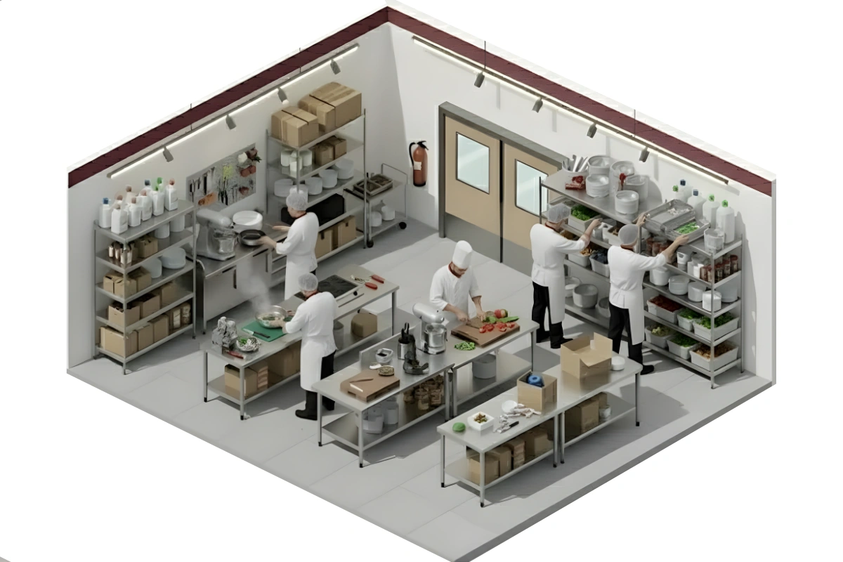 Isometric view of a commercial kitchen with chefs working behind tan double doors for food prep and storage access