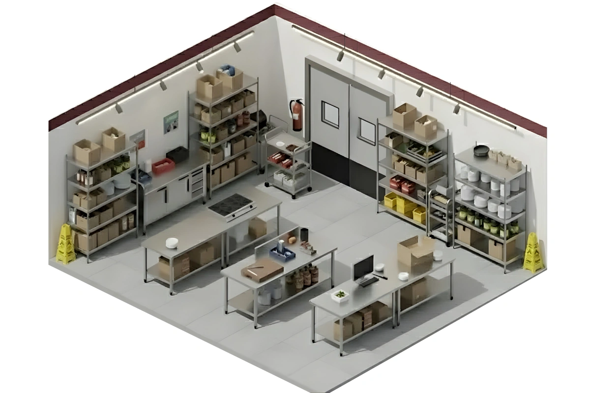 Isometric view of a commercial storage room with industrial impact doors and stainless steel shelving