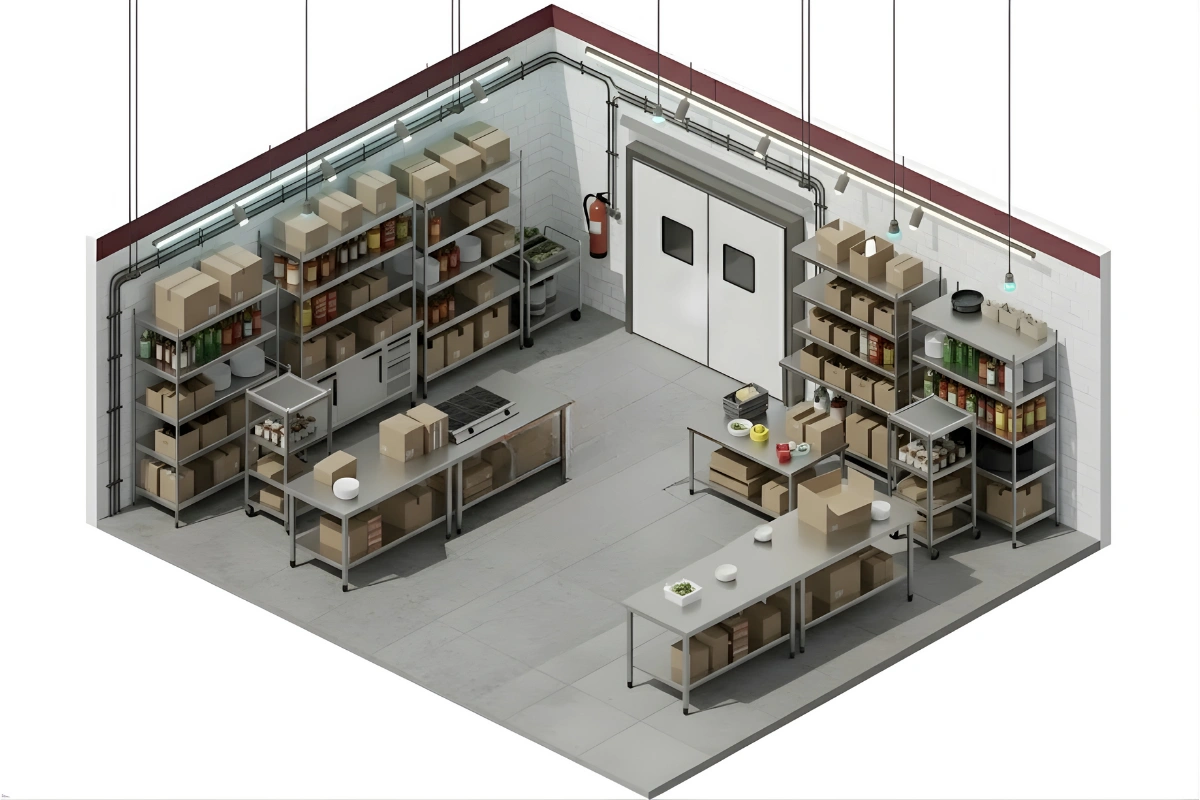Isometric view of a commercial storage room with shelves, boxes, and a white Impact Swinging Door for organized workflow
