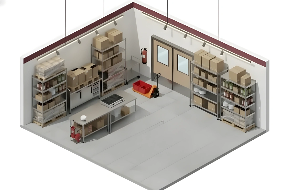 Isometric view of a small warehouse stockroom featuring Paylon industrial double doors for efficient access and organized storage