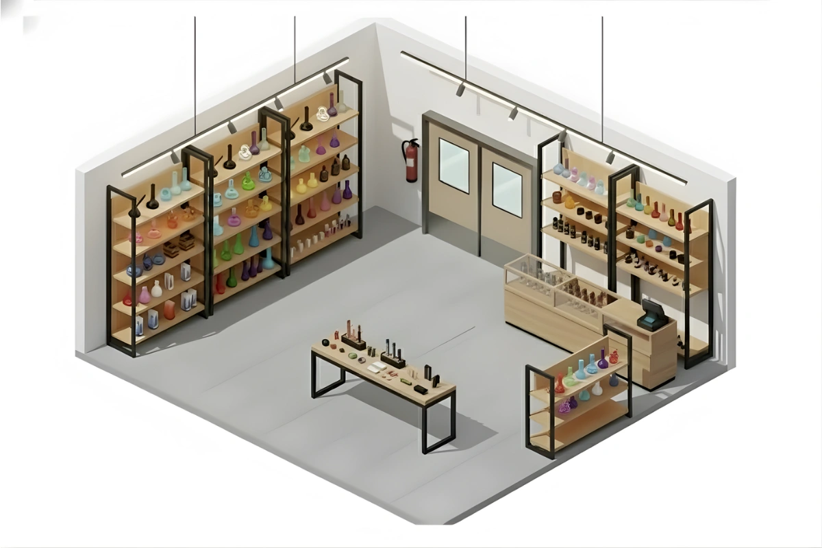 “Isometric view of a smoke shop interior showing retail swinging doors at the back, display shelves on both walls, and a counter with products, illustrating organized aisles.”