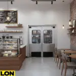 Mid-sized café showing a double-swing retail door with vision panels for staff access