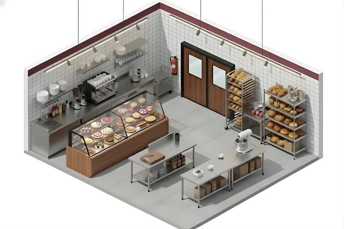 Paylon commercial kitchen swinging doors in a modern bakery setup, USA isometric view showing prep tables, bread racks, and display counter for a clean and efficient workflow