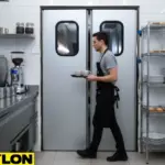 Paylon double commercial kitchen swinging doors in active restaurant use, USA – hands-free access for busy food service staff