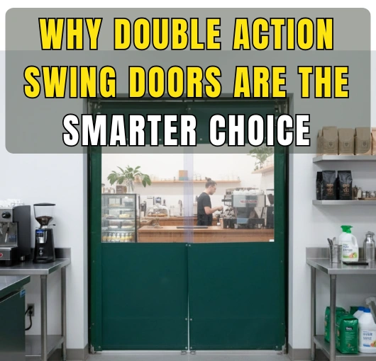 Paylon green double action swing door in a café setting with text overlay reading ‘Why Double Action Swing Doors Are the Smarter Choice