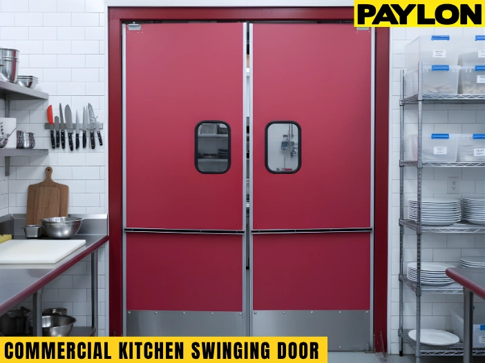 Paylon red commercial kitchen swinging doors for restaurant kitchens in the USA – impact-resistant design for high-traffic food prep zones