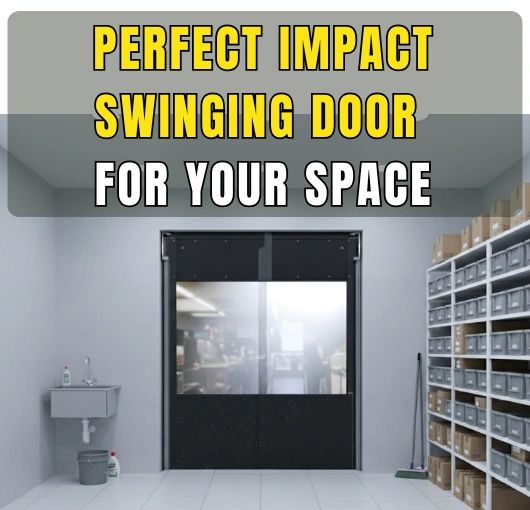 Promotional image showing black Impact Swinging Door with “Perfect Impact Swinging Door for Your Space” headline