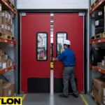 Red heavy-duty industrial impact doors in manufacturing warehouse
