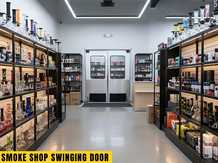 “Smoke shop aisle view with PE-series swinging door, displaying stocked shelves and spacious layout.”