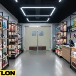 “Smoke shop aisle with beige swinging doors at rear, shelves filled with smoking accessories on each side.”