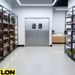 “Smoke shop interior with retail swinging door at back, showing clear aisle and organized shelves.”