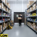 “Stockroom view with worker carrying box through dark gray PE-series swinging door in organized back area.”
