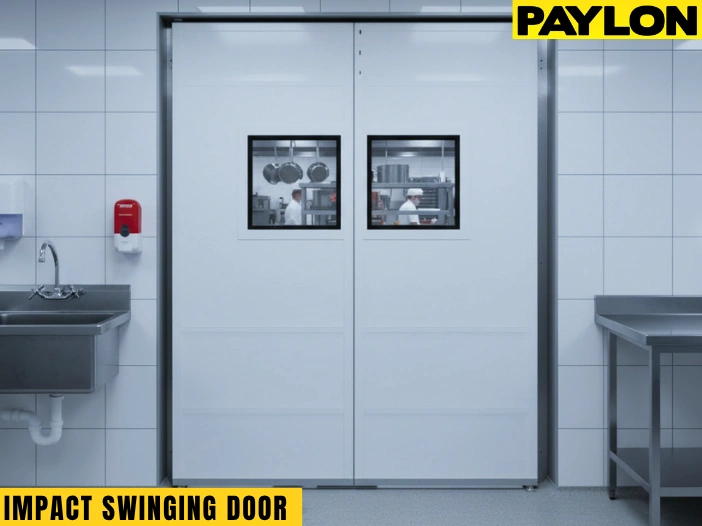 White Impact Swinging Door with dual vision panels installed in a clean commercial kitchen