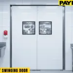 White Impact Swinging Door with dual vision panels installed in a clean commercial kitchen