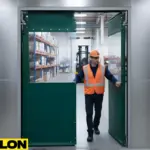 Worker passing through green Impact Swinging Door with clear vision panel in warehouse setting