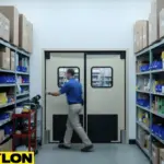 Worker using industrial impact doors in warehouse aisl