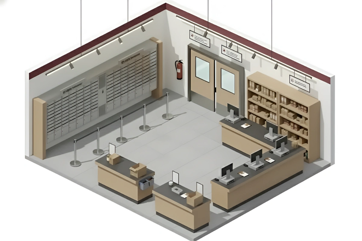 3D-style illustration of a postal office layout featuring customer counters, PO boxes, and beige swinging doors that separate the lobby from staff areas.