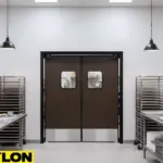 Bake shop staff moving through retail swinging doors while carrying baked goods