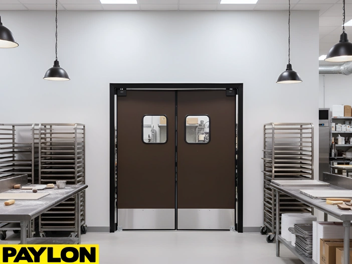 Bake shop staff moving through retail swinging doors while carrying baked goods