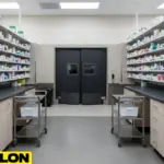 Behind-the-counter pharmacy layout with retail swinging doors and organized shelving