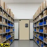 Beige PE-Series single swinging door in a warehouse-style retail stockroom with shelving and bins