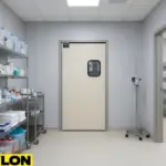 Beige single swinging door with a vision panel inside an animal care supply room.