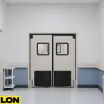 Beige swinging door for medical facilities, shown in a patient care corridor to improve movement efficiency and reduce contact points.