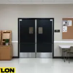 Black PE-Series double swinging doors installed in a church activity room.