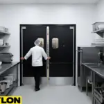 Black commercial swinging doors with oval vision panels in a stainless prep kitchen as a chef walks through.