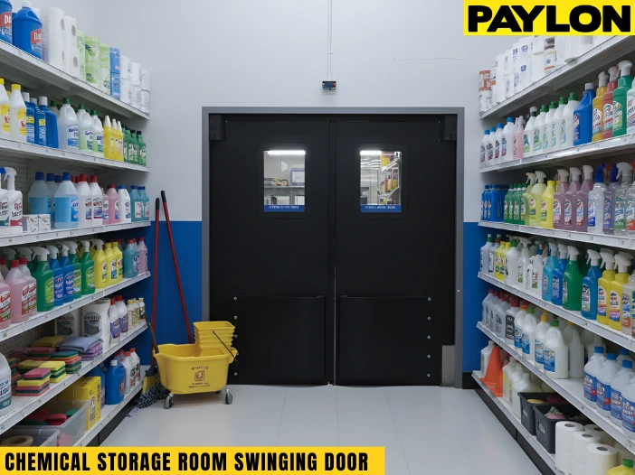 Black double swinging door in a cleaning supply chemical storage room with shelves of detergents and disinfectants on both sides.