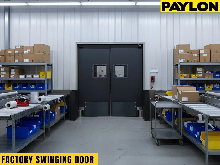 Black double swinging door in a packaging zone with conveyor belts and storage bins in a high-traffic factory setting
