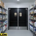 Black swinging doors installed in a pantry storage space with narrow shelving aisles