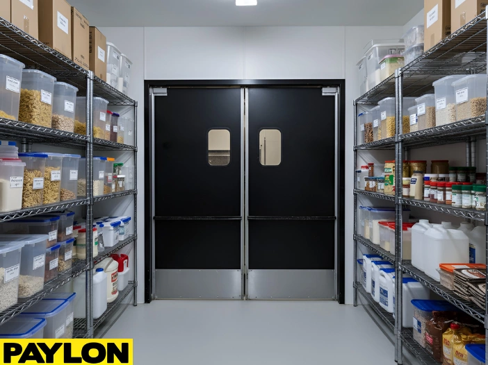 Black swinging doors installed in a pantry storage space with narrow shelving aisles