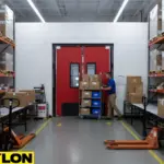 Bright red impact-resistant swinging doors used in a factory shipping and receiving zone with active pallet loading