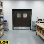 Brown PE-series double swinging doors separating a packaging workspace from the main storage area.